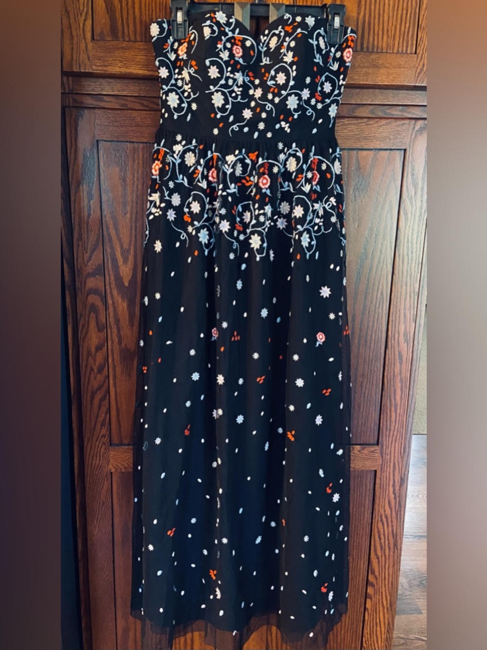 🔥 ModCloth Black Strapless Maxi Dress Romantic Embroidery Floral Wedding Medium